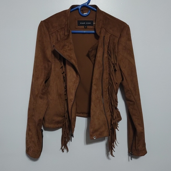 Women's Black Rivet Faux Leather Western Fringed Jacket Long Sleeves Size M - Picture 11 of 12